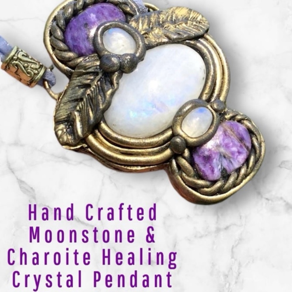 Handcrafted Artisan Moonstone & Charoite Healing Crystal Pendant